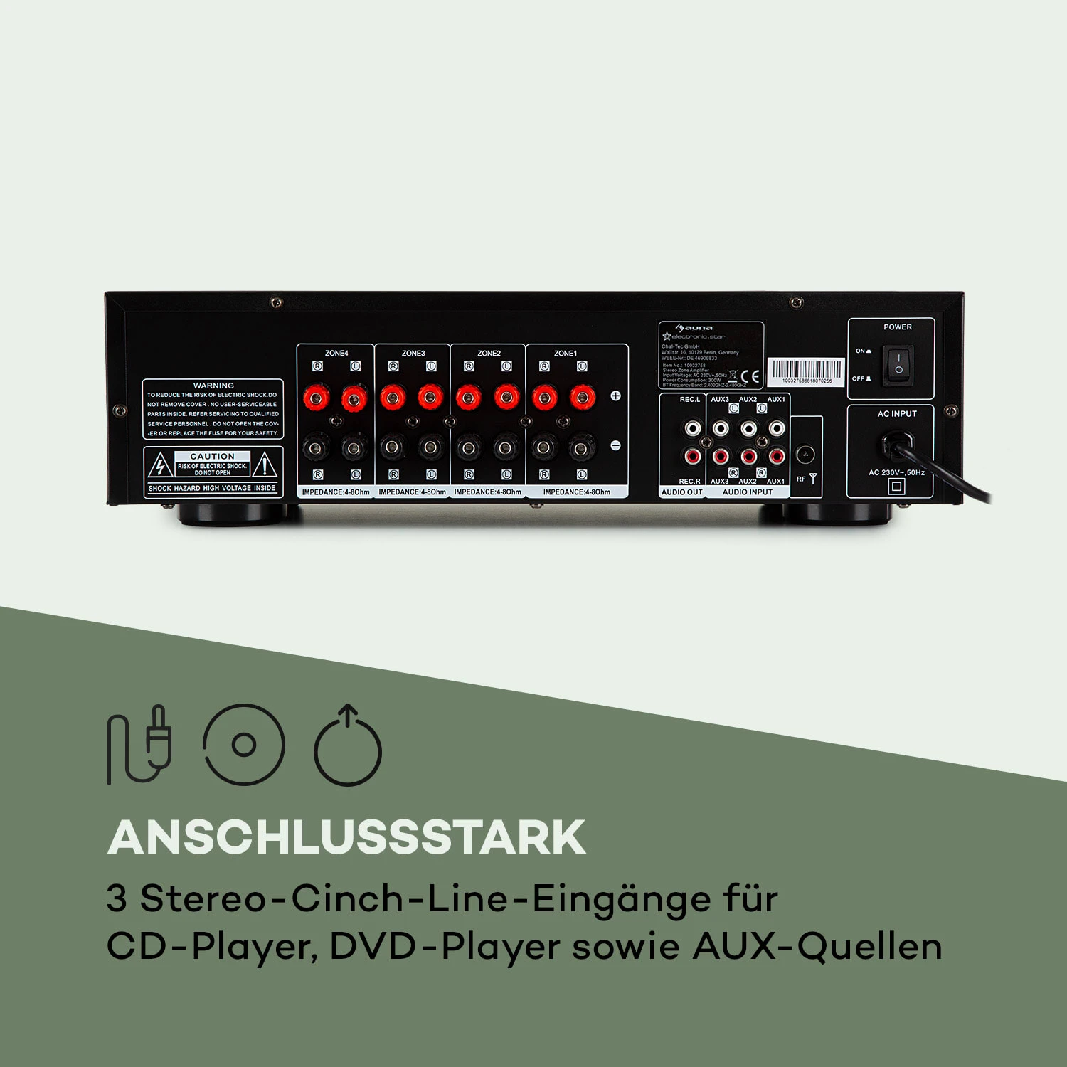 AV2-CD850BT 4-Zonen Stereo-Verstärker 8x50W RMS Bluetooth USB Silber – Bild 7