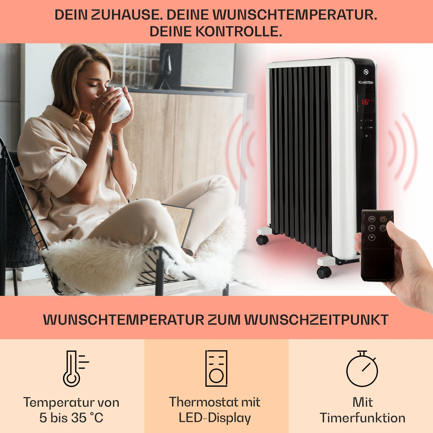 Thermaxx 2500 Ölradiator 2500W 5-35° C 24h-Timer Weiß/schwarz – Bild 3