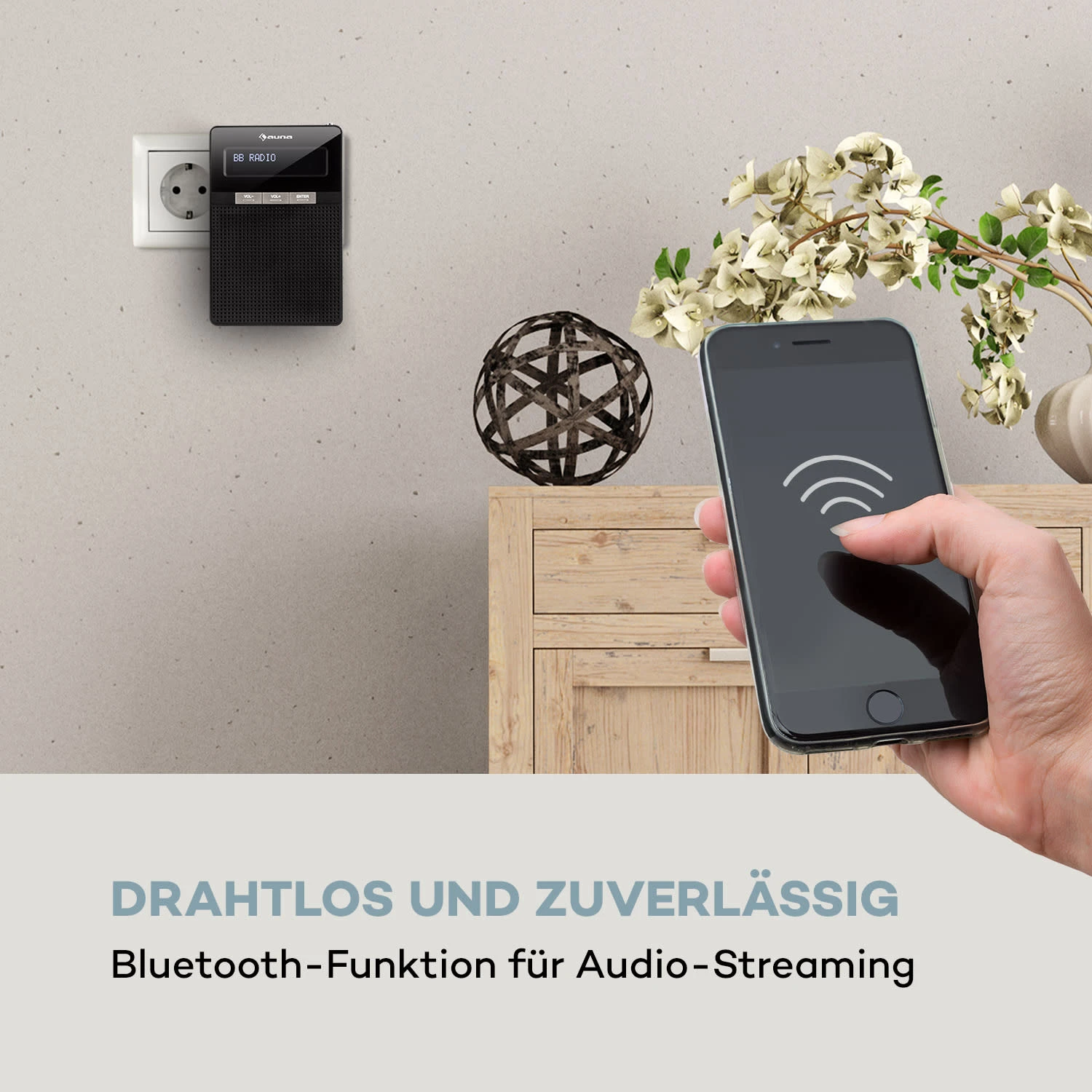 DigiPlug DAB Steckdosen-Radio, DAB+, UKW/PLL, BT, LCD-Display, Schwarz – Bild 6