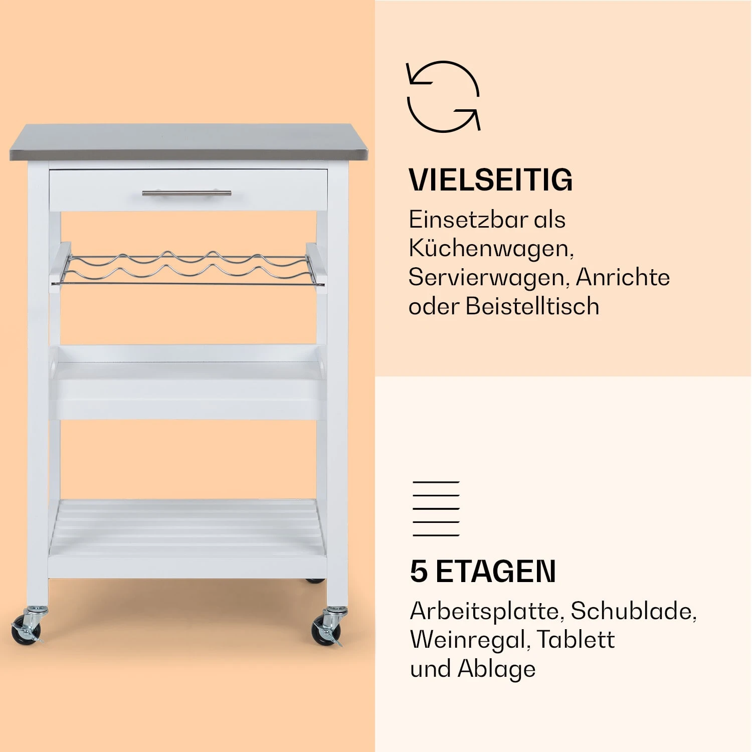 Vermont Servierwagen Küchenwagen 5 Etagen Holz Edelstahl Mobil – Bild 4